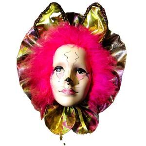 Venetian Porcelain Carnival Mask Painted Cat Face Pink Feathers Gold Foil